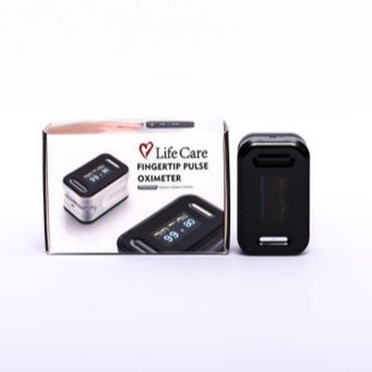 LifeCare fingertip pulse oximeter device with packaging box.