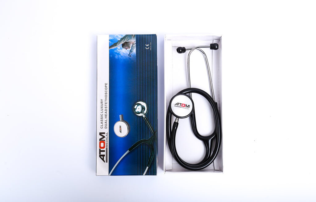 Atom black color dual head stethoscope with packaging box.