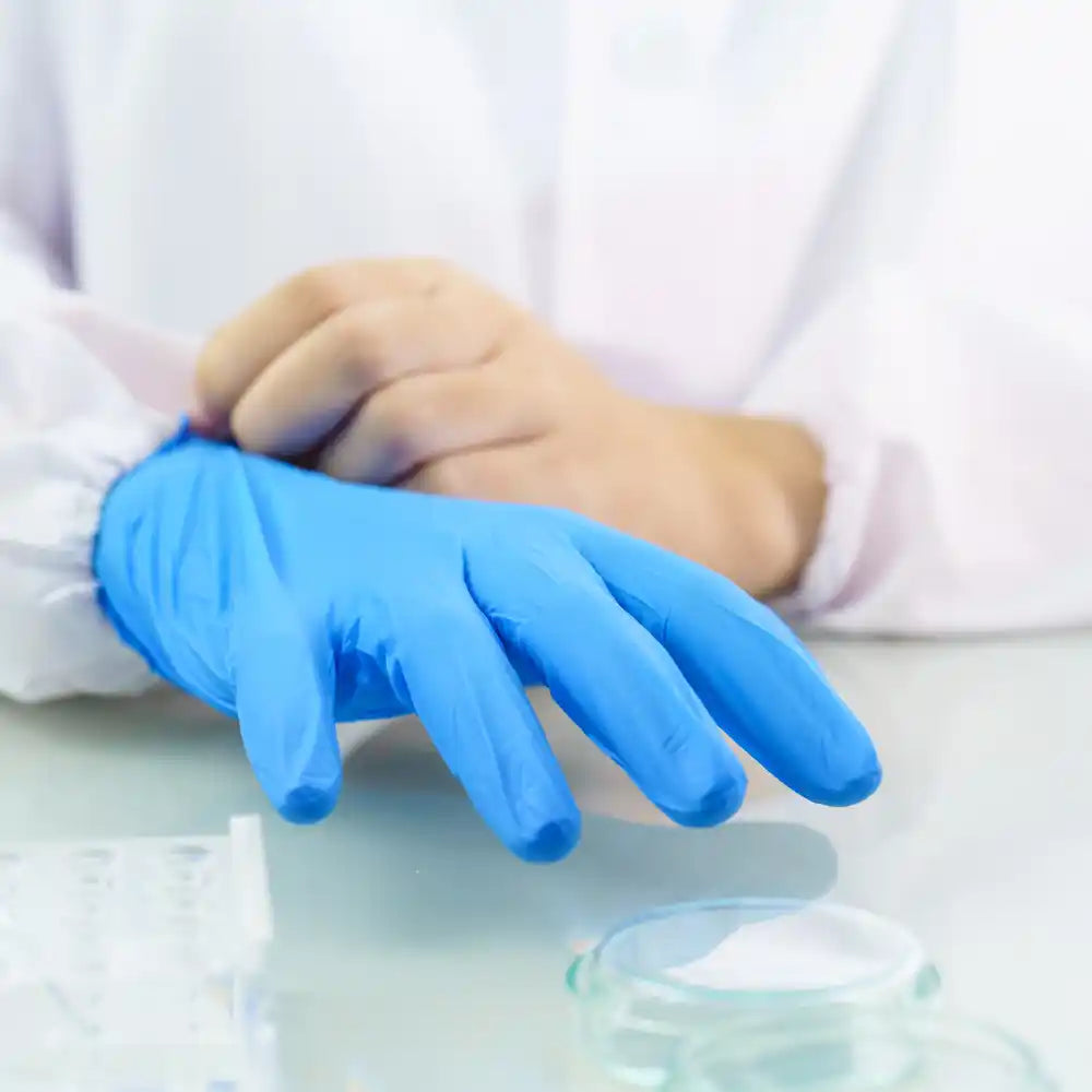 LifeCare blue nitrile gloves for medical use.