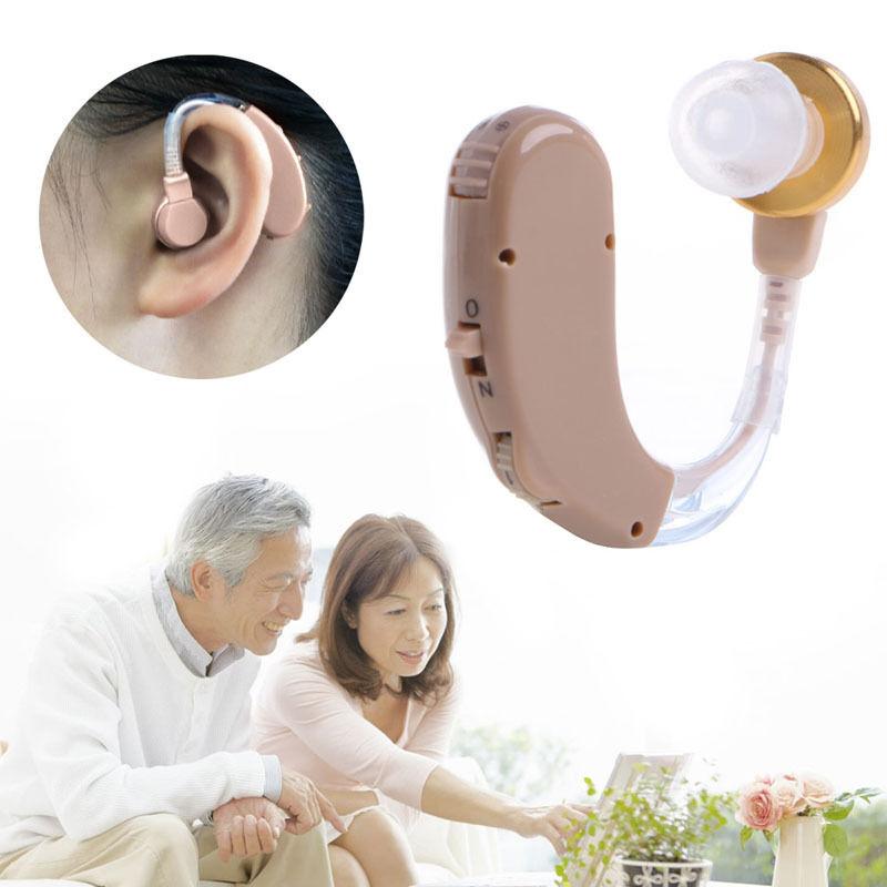 LifeCare LC 405 mini hearing aid side view with volume control and ear hook design.