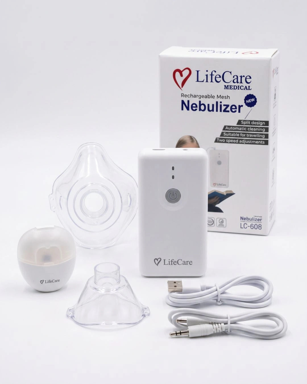LifeCare LC 608 rechargeable mesh nebulizer with accessories.