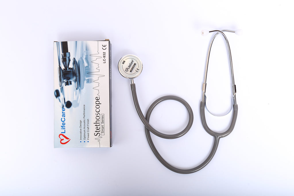 LifeCare LC 932 dual head stethoscope in grey color with packaging box.