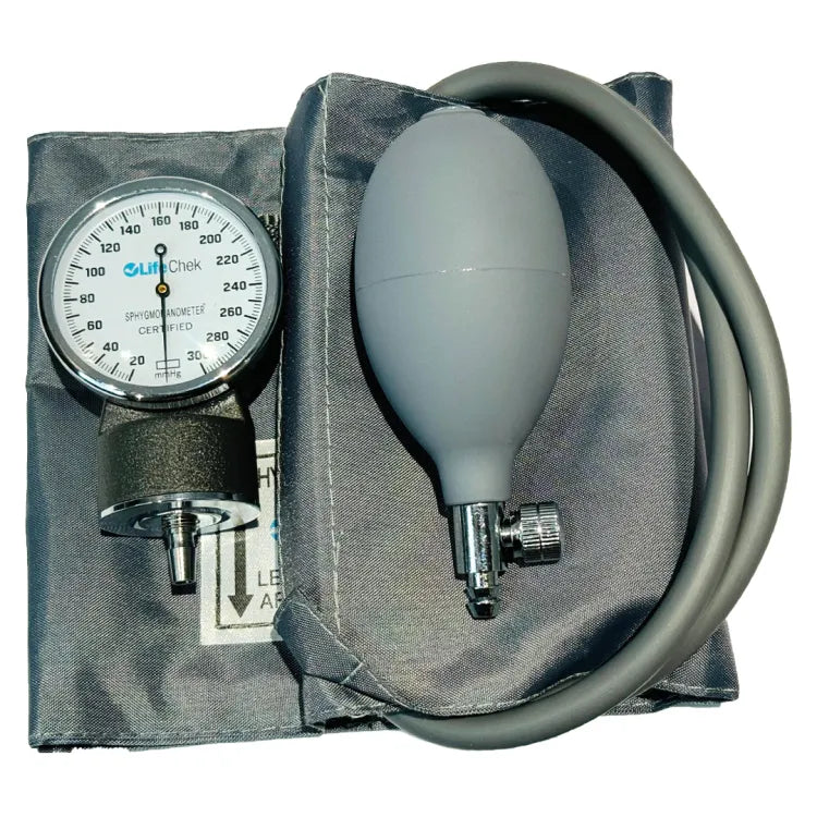LifeChek aneroid sphygmomanometer with accessories including cuff and bladder.