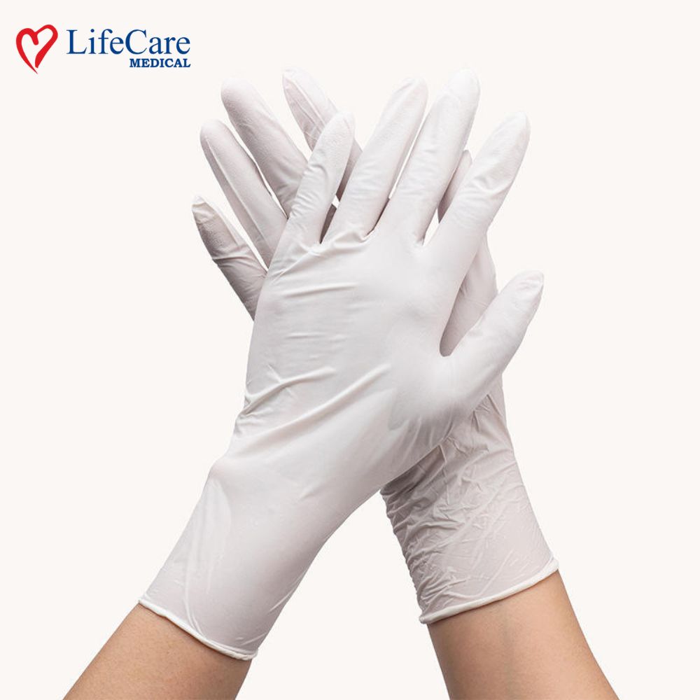 LifeCare powder free latex examination gloves in white color.