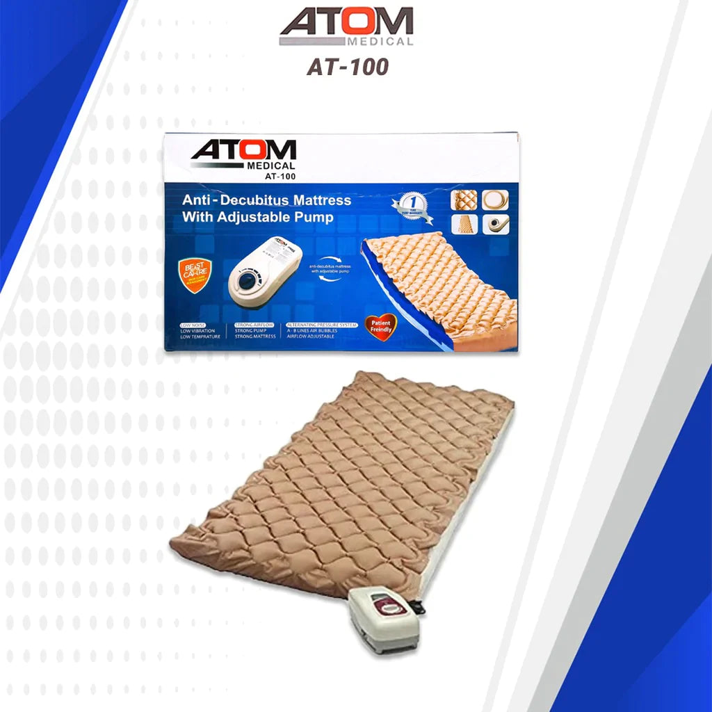 Atom AT 100 anti decubitus air mattress with adjustable pump for patients.