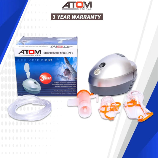 Atom compressor nebulizer machine accessories and packaging box.