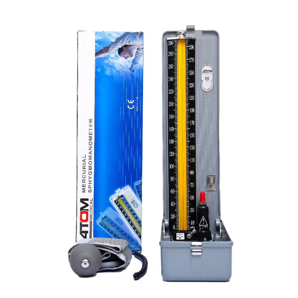 Atom mercurial sphygmomanometer BP apparatus with accessories and packaging box.