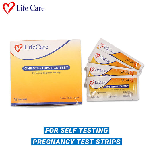 Lifecare pack of 5 pregnancy test strips. One step dipstick test