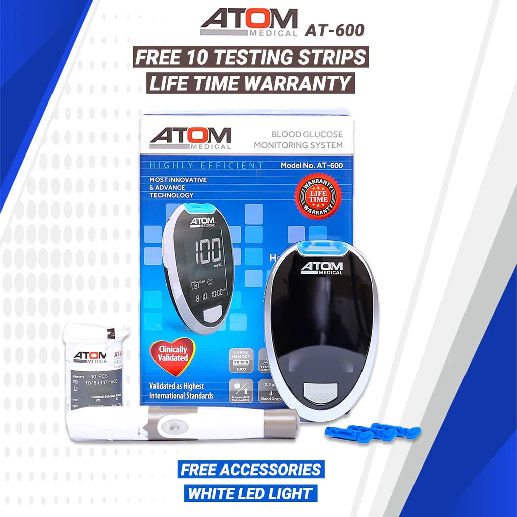 Atom AT 600 digital glucometer kit.