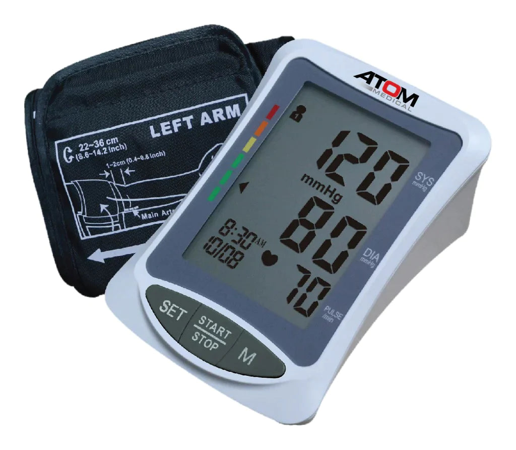 Atom AT 804 digital blood pressure monitor with arm cuff.