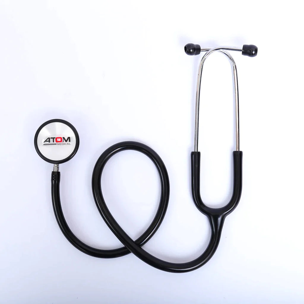 Atom AT 942 dual head stethoscope in black color.