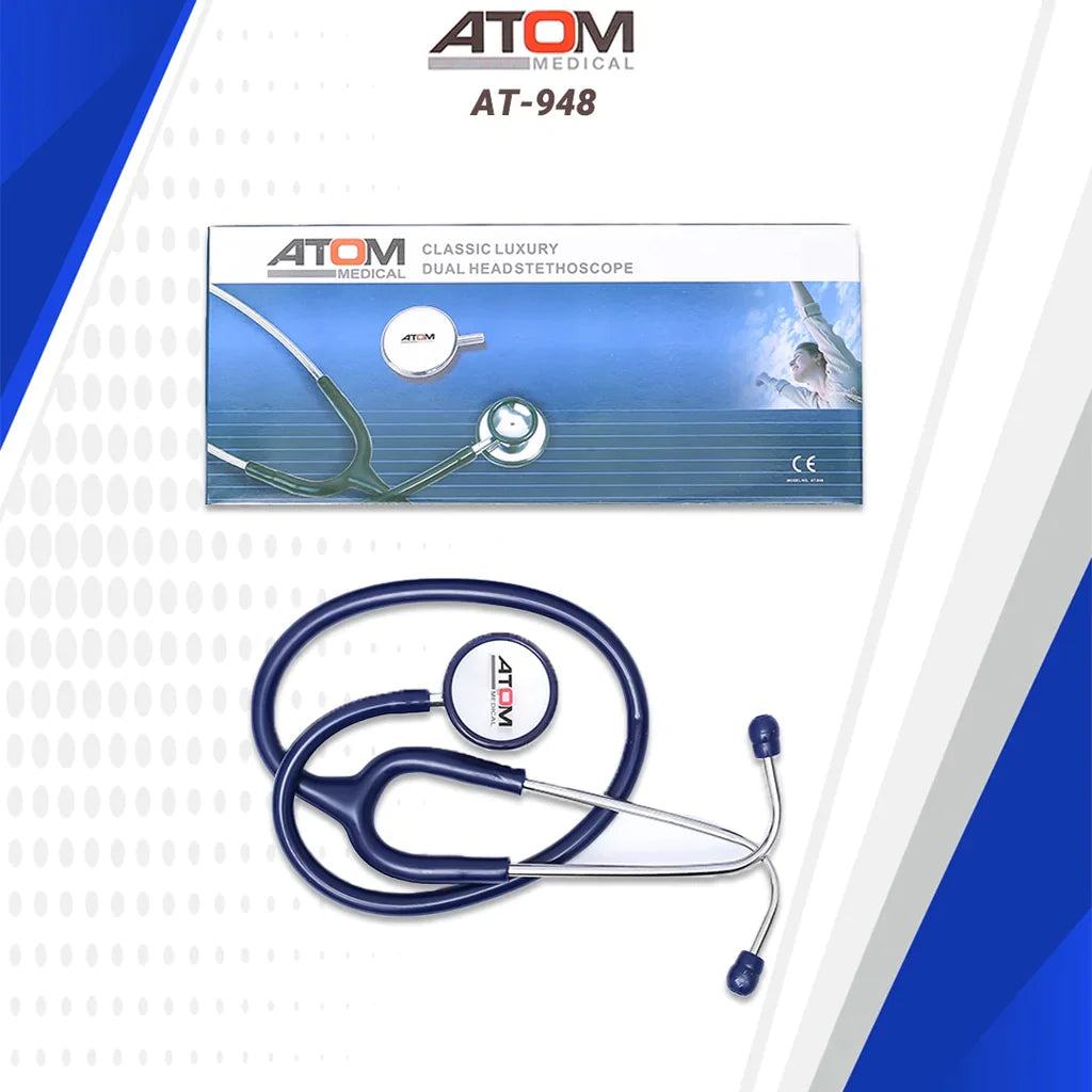 Atom AT 948 dual head stethoscope in dark blue color.