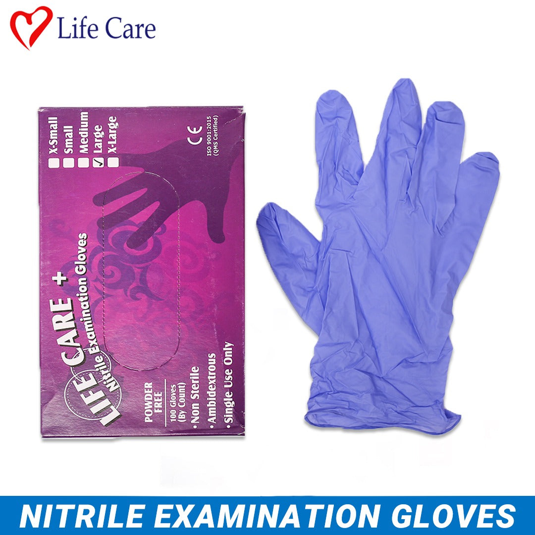 LifeCare blue color nitrile gloves with packaging box.