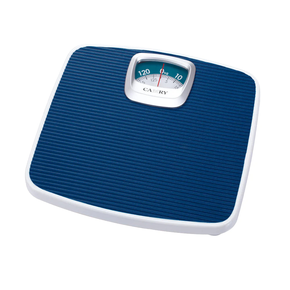 Camry analog body weight machine with scale lens in blue color.