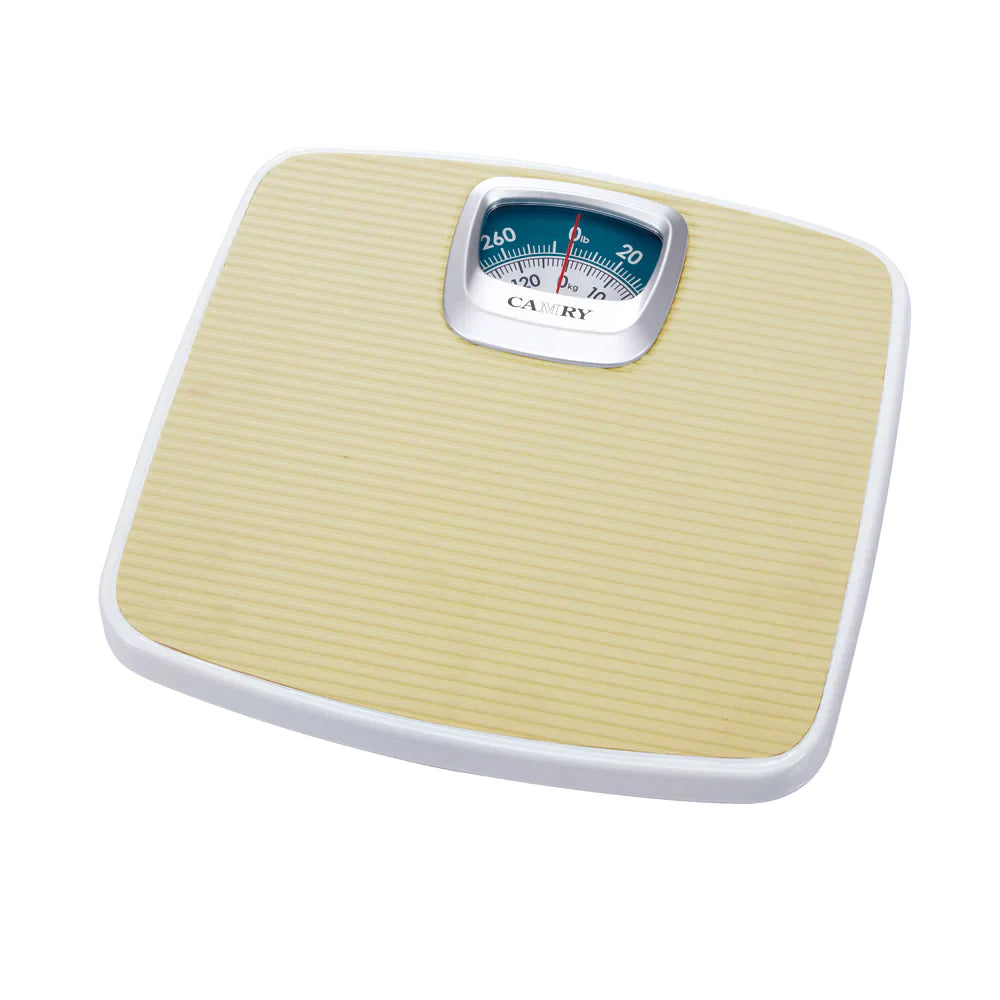 Camry analog body weight machine with scale lens in white color.