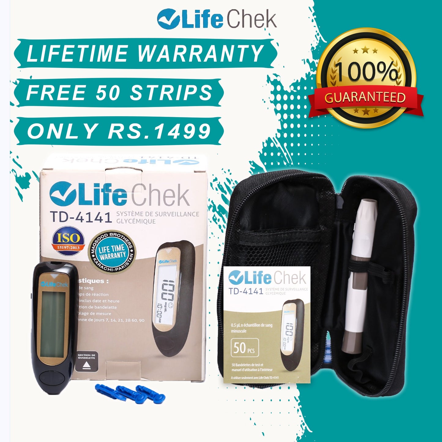 LifeChek Blood Sugar Glucometer With 50 Strips - Life Time Warranty  diabetes check machine 