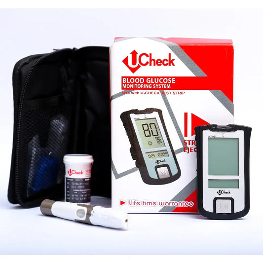 Ucheck blood glucose monitoring kit with accessories.