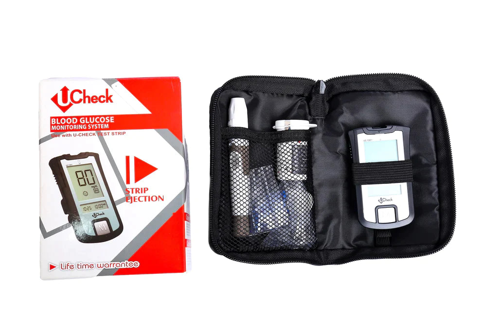 Ucheck blood glucose monitoring kit with accessories including a lancing device, lancets and test strips.