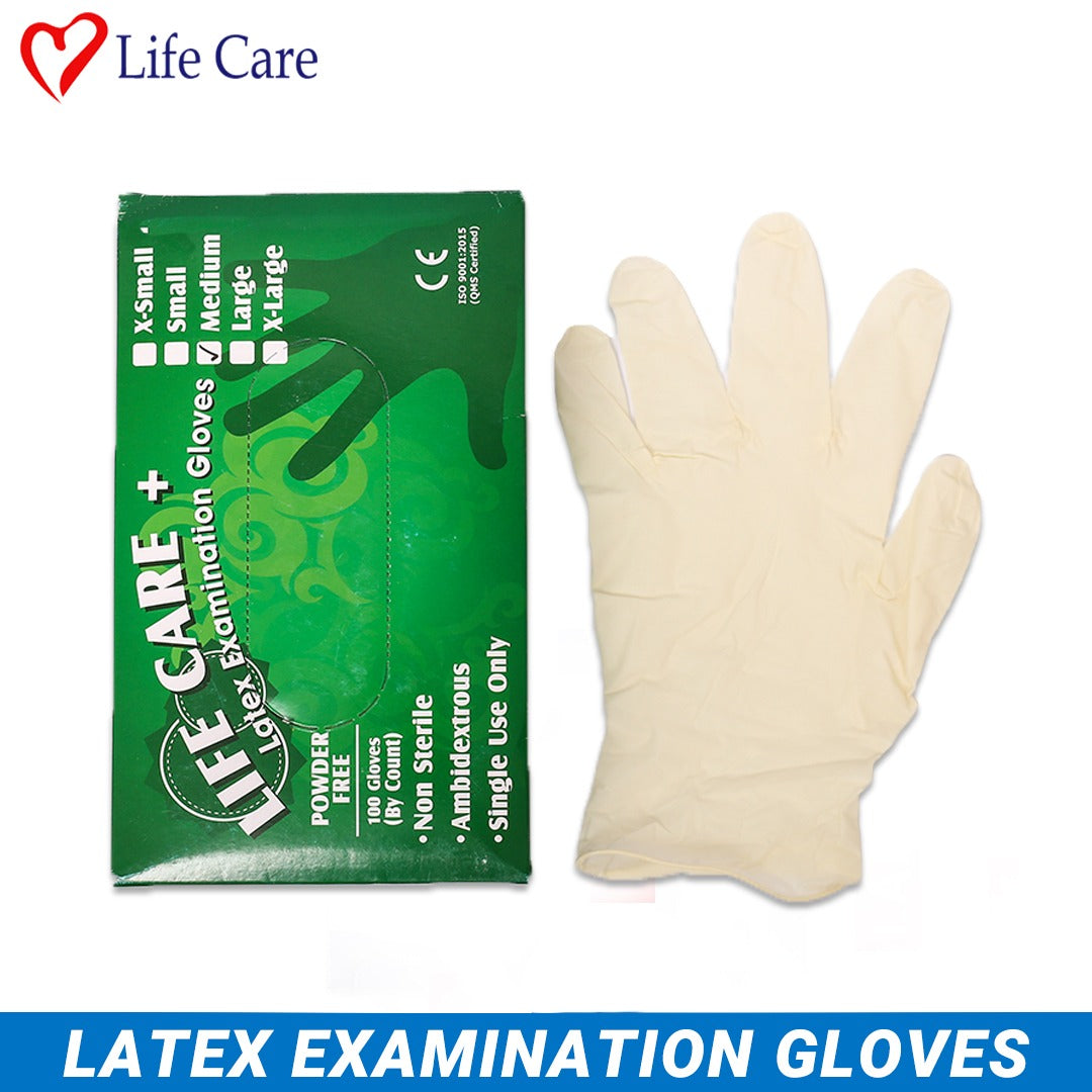 LifeCare white color latex examination gloves with packaging box.